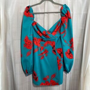 Lilyful Teal Red Floral Print‎ Off Shoulder Puff Sleeve Mini Dress S Romantic